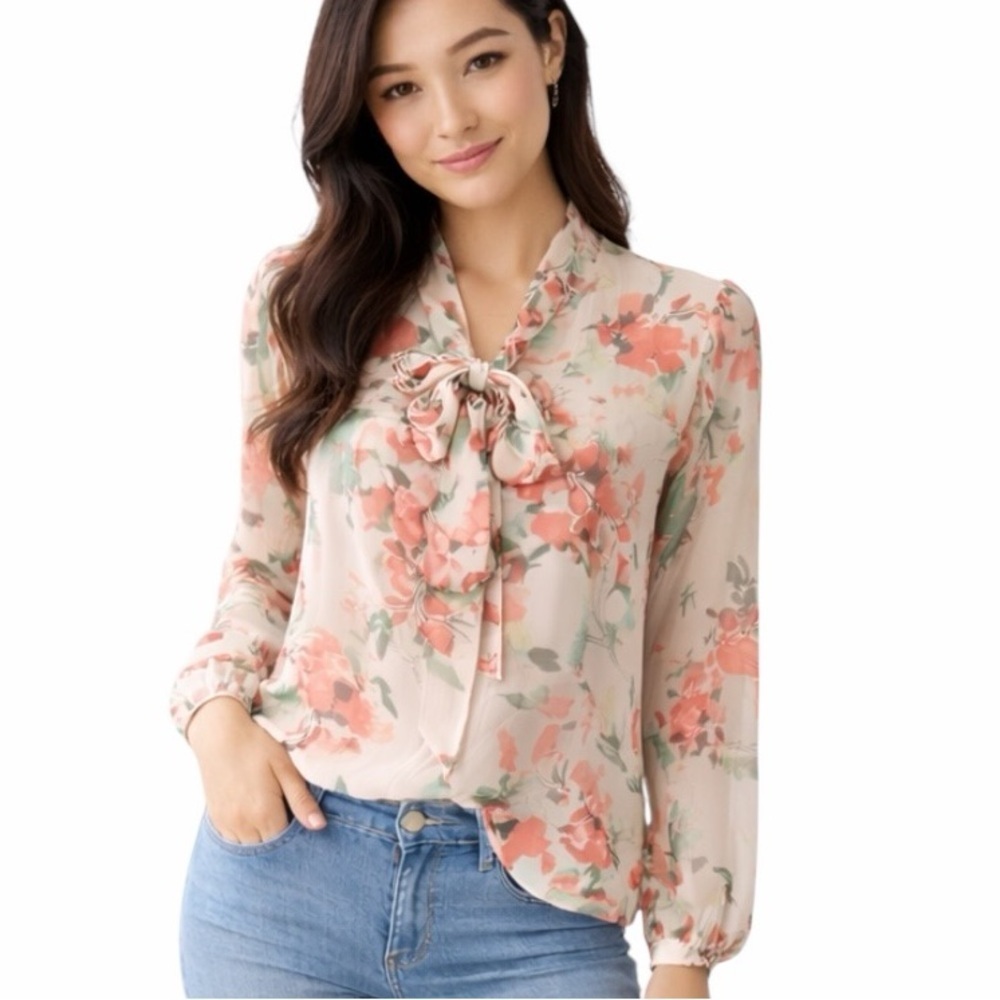 DKNY Women’s Floral Bow Tie Blouse Size XS Long Sleeve Lined Top Office Chic